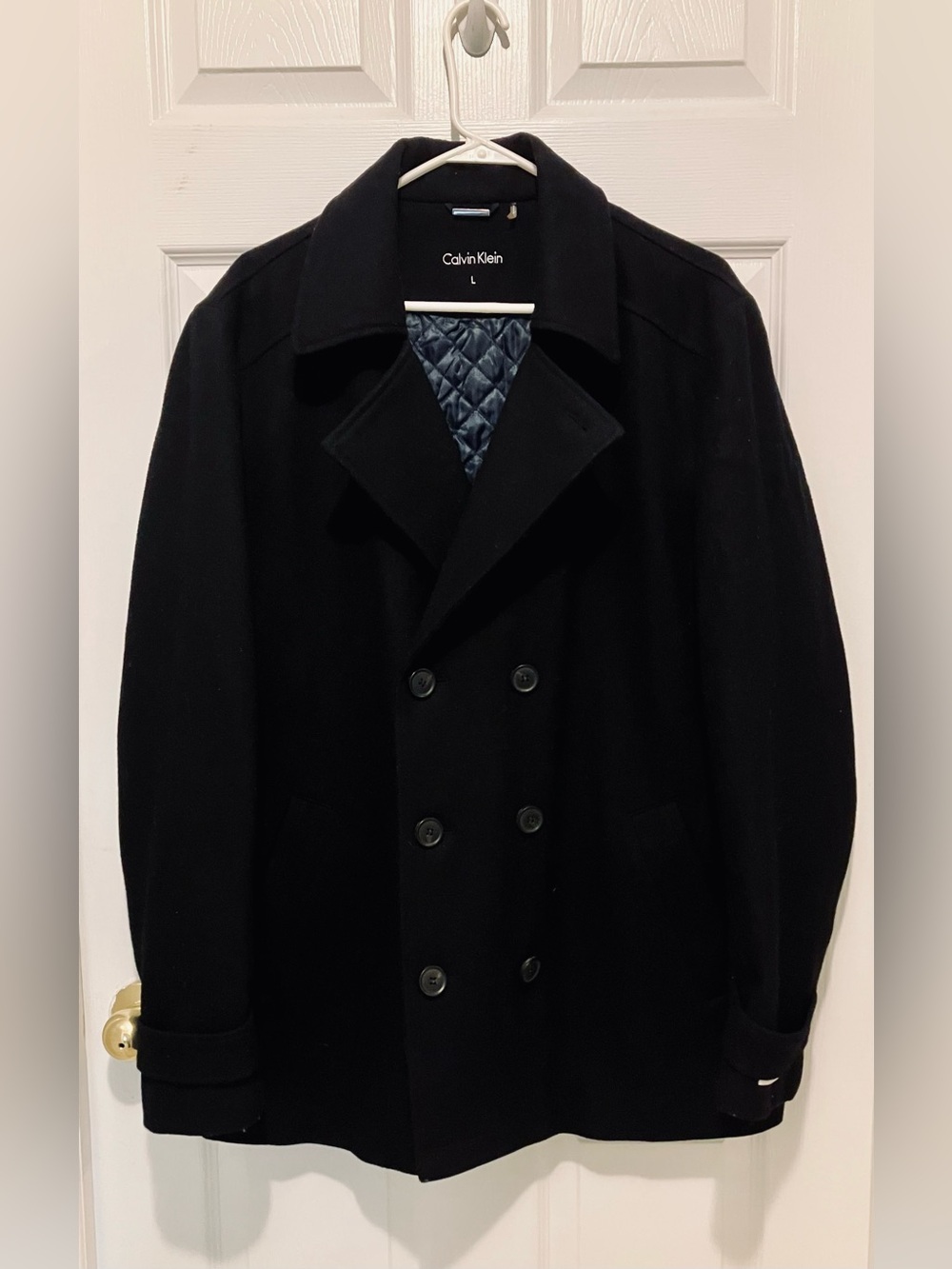 Calvin Klein Men’s Black Double-Breasted Peacoat: Quilted Lining, Sz. L